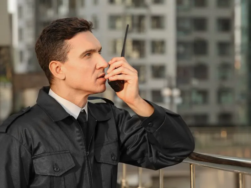 Security officer communicating by radio in Las Vegas